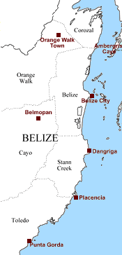 Belize map showing Regions and Towns